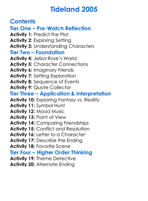 Tideland 2005 Worksheet Activity Booklet