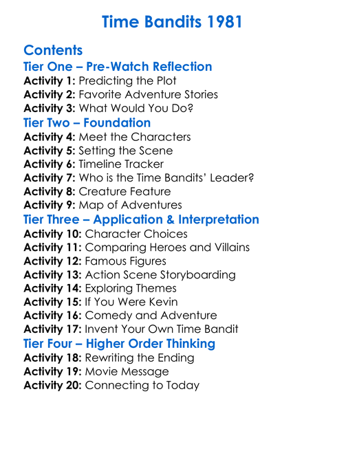 Time Bandits 1981 Worksheet Activity Booklet