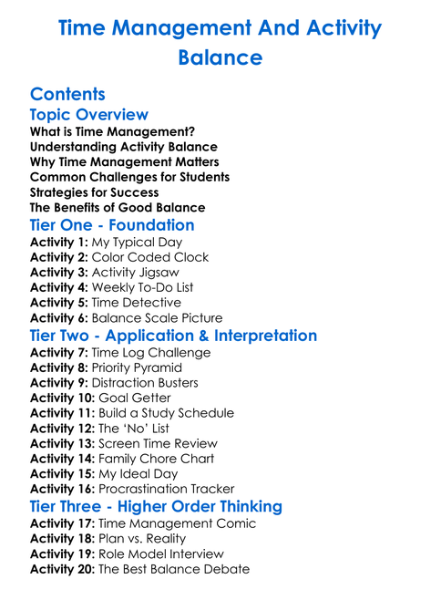 Time Management And Activity Balance Worksheet Activity Booklet