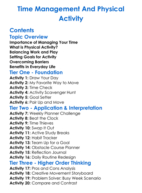 Time Management And Physical Activity Worksheet Activity Booklet