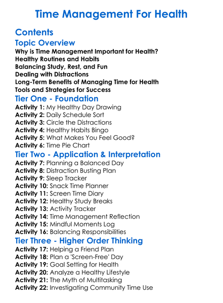 Time Management For Health Worksheet Activity Booklet