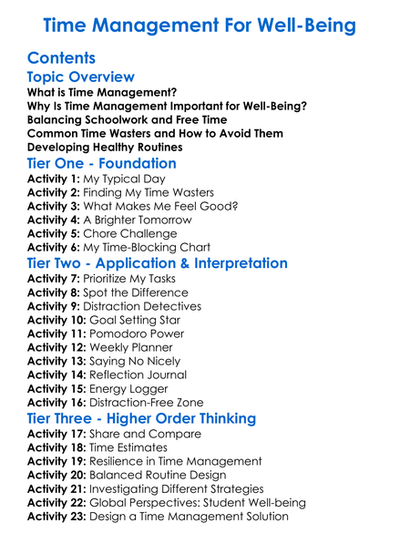 Time Management For Well-Being Worksheet Activity Booklet