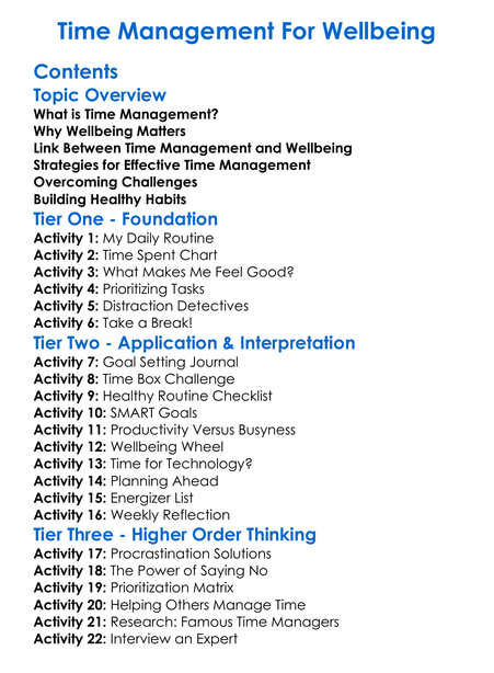 Time Management For Wellbeing Worksheet Activity Booklet