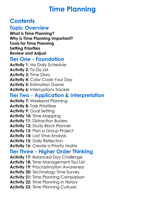 Time Planning Worksheet Activity Booklet