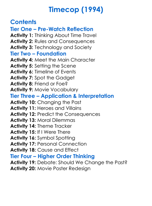 Timecop 1994 Worksheet Activity Booklet
