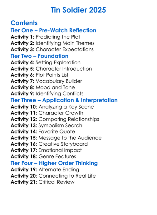 Tin Soldier 2025 Worksheet Activity Booklet