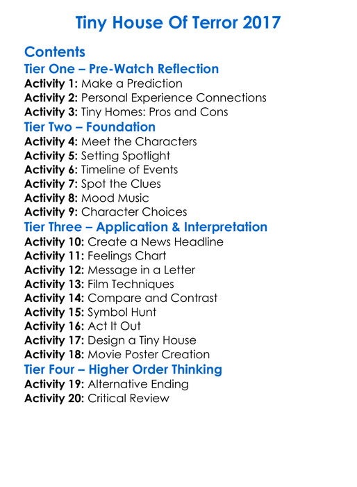 Tiny House Of Terror 2017 Worksheet Activity Booklet