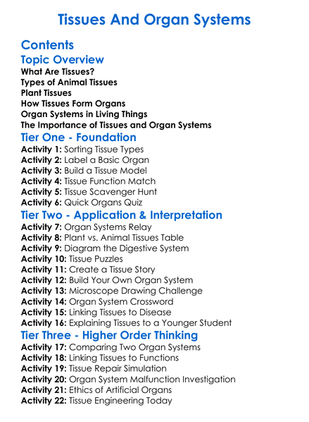 Tissues And Organ Systems Worksheet Activity Booklet