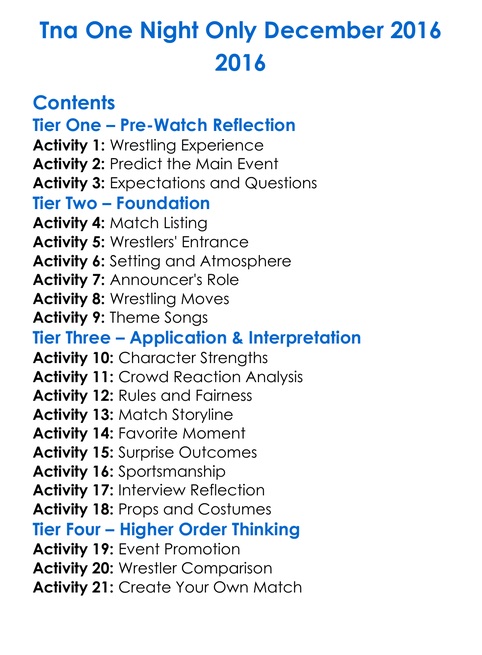 Tna One Night Only December 2016 2016 Worksheet Activity Booklet