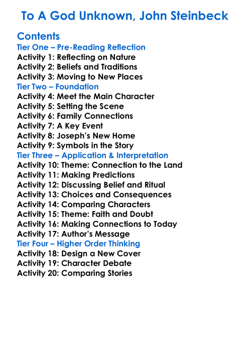 To A God Unknown John Steinbeck Worksheet Activity Booklet