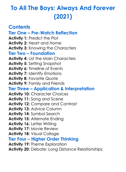 To All The Boys Always And Forever 2021 Worksheet Activity Booklet