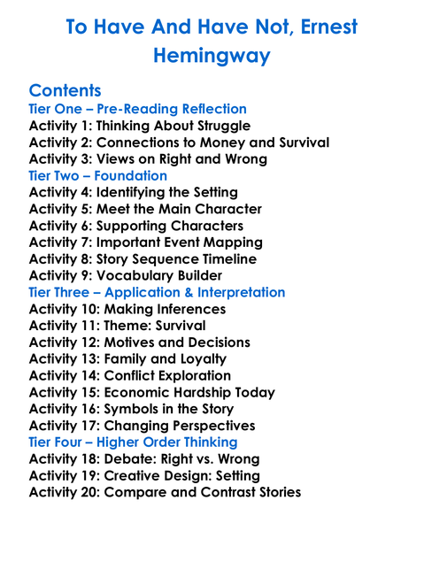 To Have And Have Not Ernest Hemingway Worksheet Activity Booklet