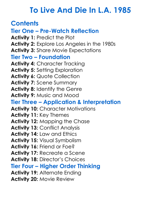 To Live And Die In La 1985 Worksheet Activity Booklet
