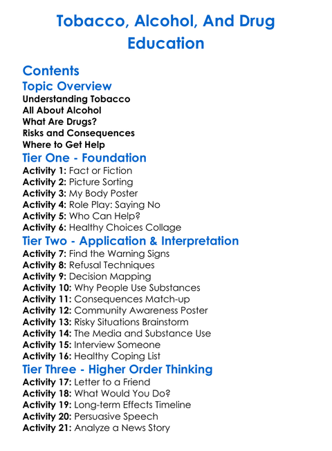 Tobacco Alcohol And Drug Education Worksheet Activity Booklet