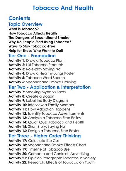 Tobacco And Health Worksheet Activity Booklet