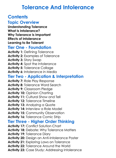 Tolerance And Intolerance Worksheet Activity Booklet