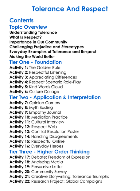 Tolerance And Respect Worksheet Activity Booklet