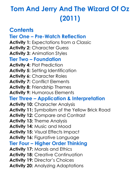 Tom And Jerry And The Wizard Of Oz 2011 Worksheet Activity Booklet