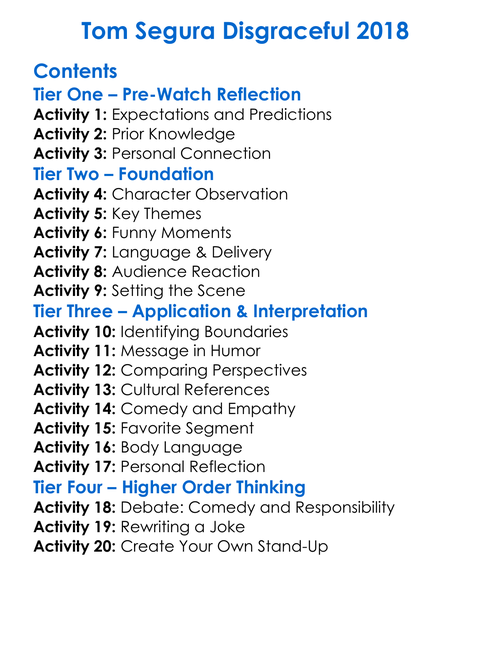 Tom Segura Disgraceful 2018 Worksheet Activity Booklet