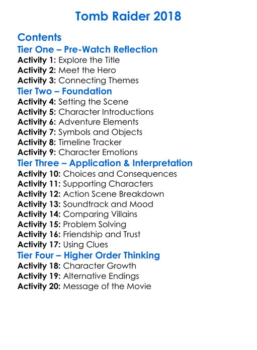 Tomb Raider 2018 Worksheet Activity Booklet