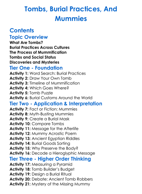 Tombs Burial Practices And Mummies Worksheet Activity Booklet