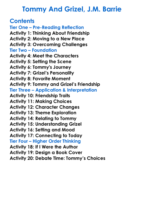 Tommy And Grizel Jm Barrie Worksheet Activity Booklet