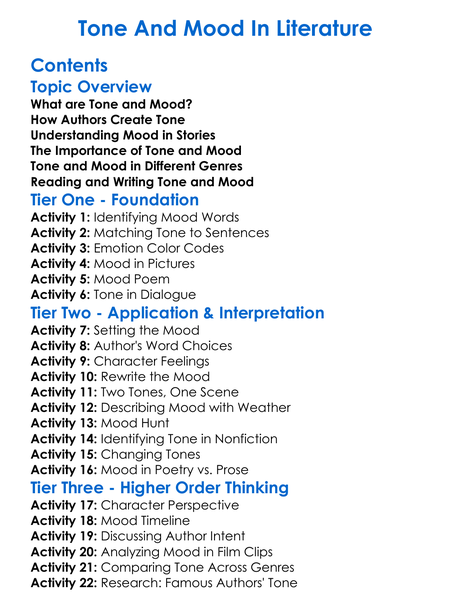 Tone And Mood In Literature Worksheet Activity Booklet