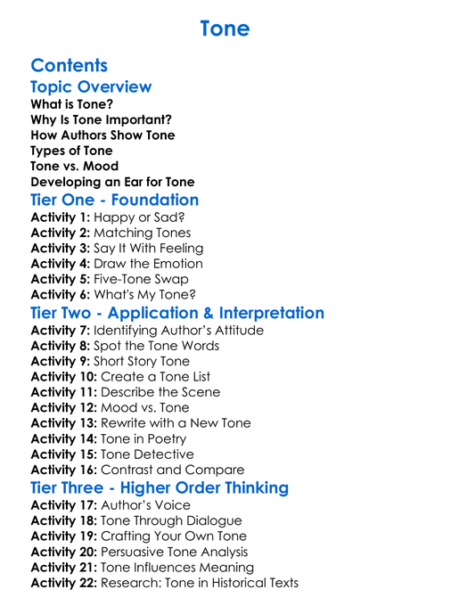 Tone Worksheet Activity Booklet