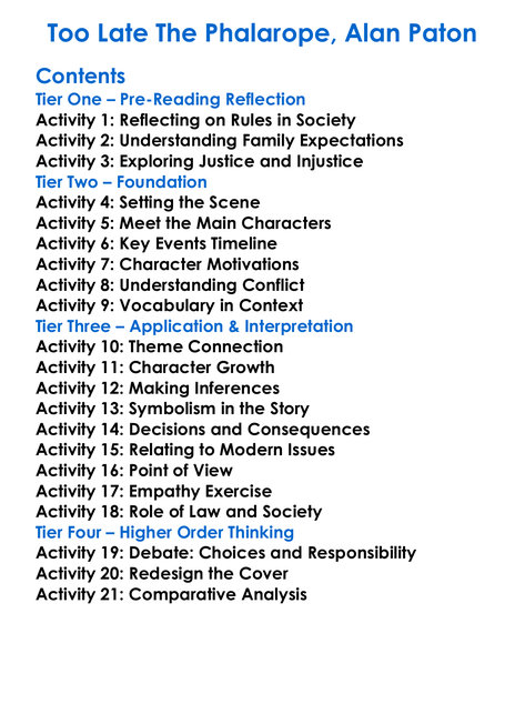 Too Late The Phalarope Alan Paton Worksheet Activity Booklet
