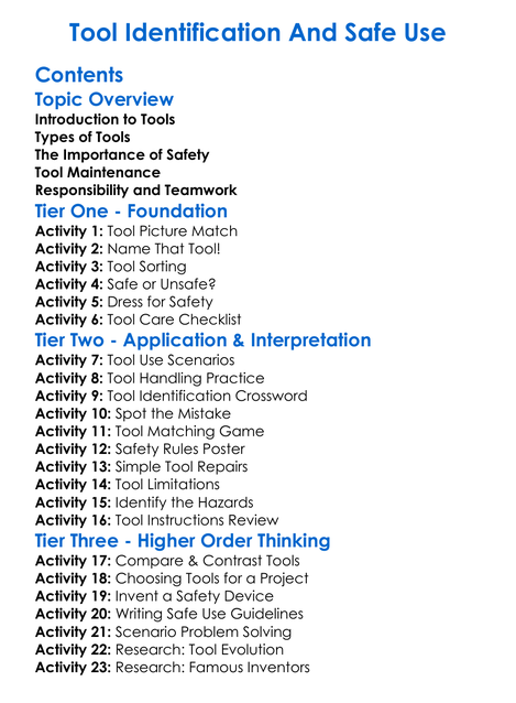 Tool Identification And Safe Use Worksheet Activity Booklet
