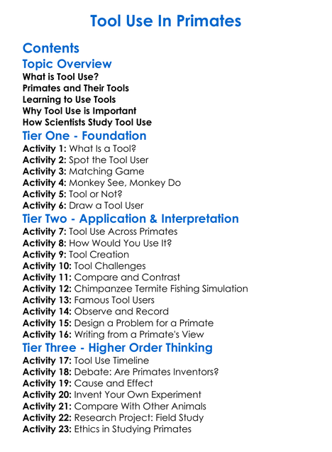 Tool Use In Primates Worksheet Activity Booklet
