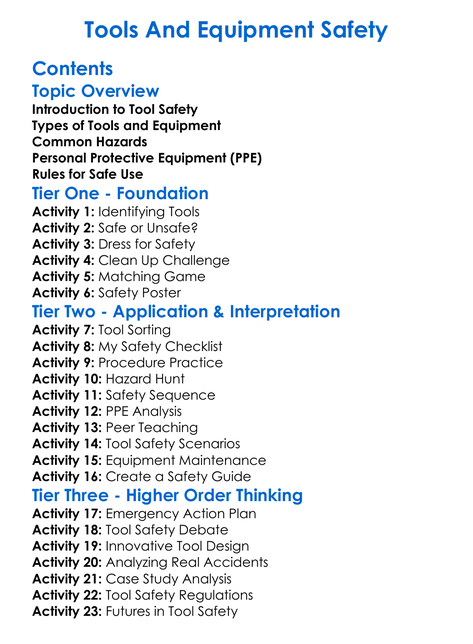 Tools And Equipment Safety Worksheet Activity Booklet