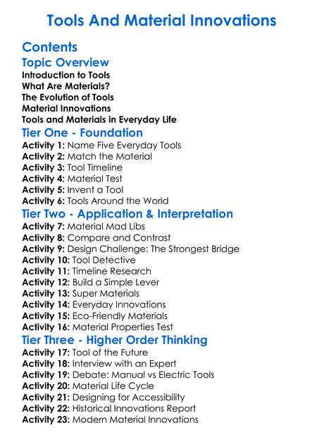 Tools And Material Innovations Worksheet Activity Booklet