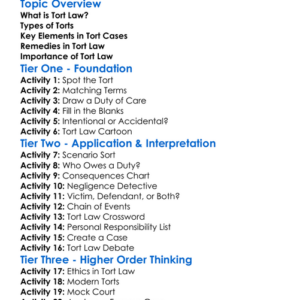 Tort Law Worksheet Activity Booklet