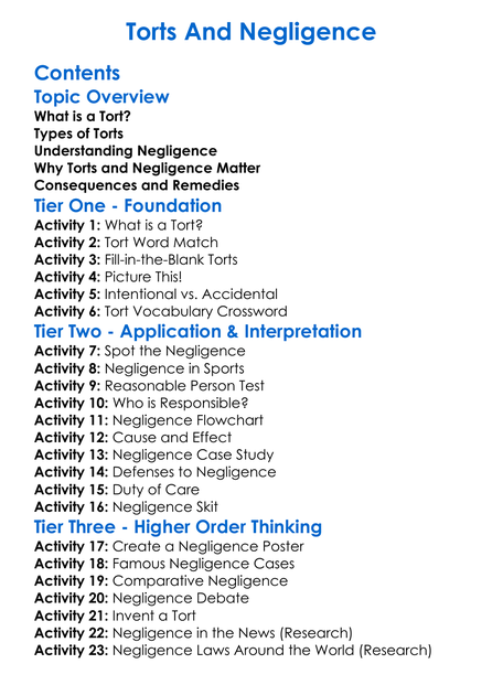 Torts And Negligence Worksheet Activity Booklet