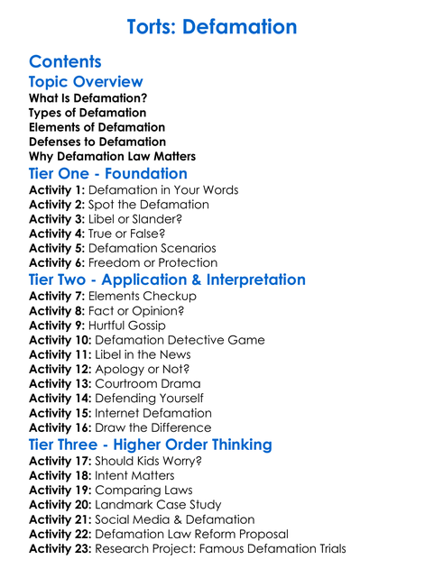 Torts Defamation Worksheet Activity Booklet