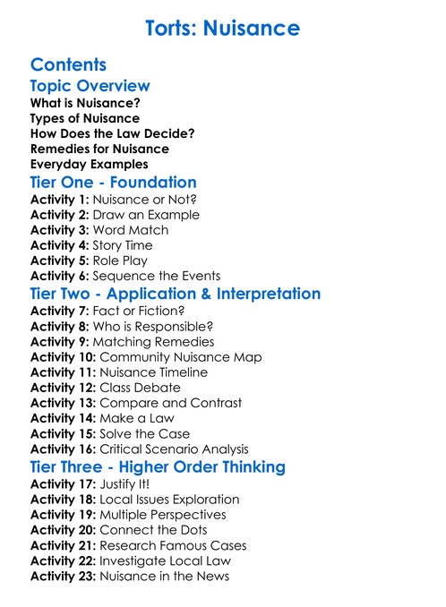 Torts Nuisance Worksheet Activity Booklet