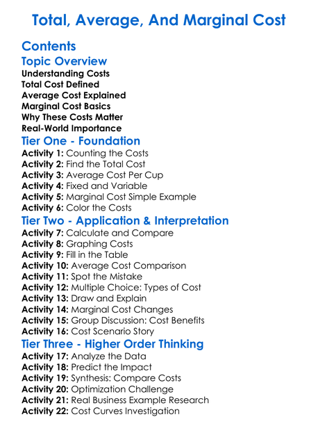 Total Average And Marginal Cost Worksheet Activity Booklet