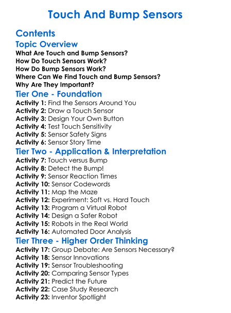 Touch And Bump Sensors Worksheet Activity Booklet