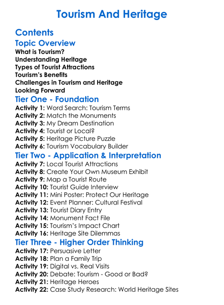 Tourism And Heritage Worksheet Activity Booklet