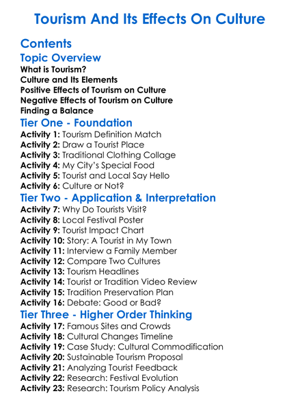 Tourism And Its Effects On Culture Worksheet Activity Booklet