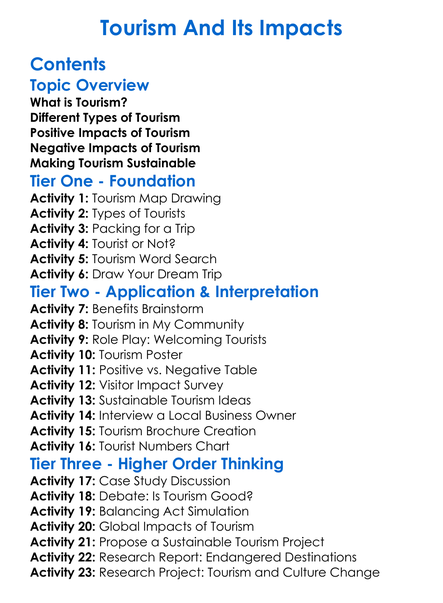 Tourism And Its Impacts Worksheet Activity Booklet