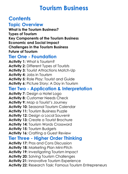 Tourism Business Worksheet Activity Booklet