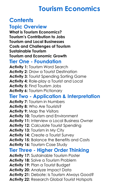 Tourism Economics Worksheet Activity Booklet