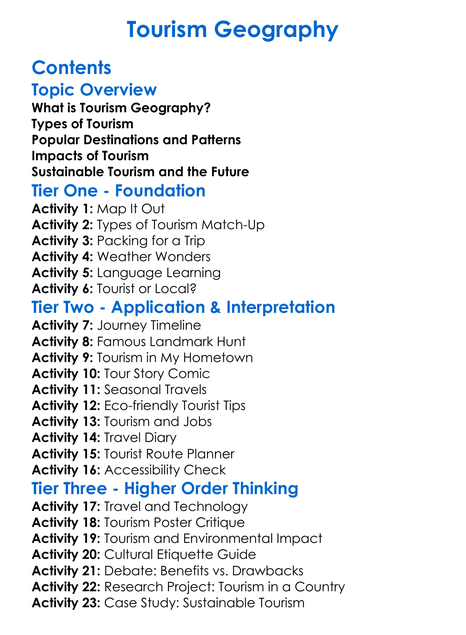 Tourism Geography Worksheet Activity Booklet