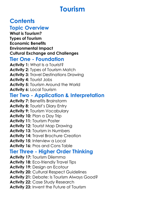 Tourism Worksheet Activity Booklet