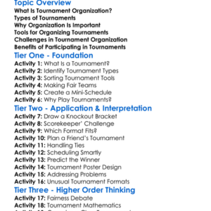 Tournament Organization Worksheet Activity Booklet