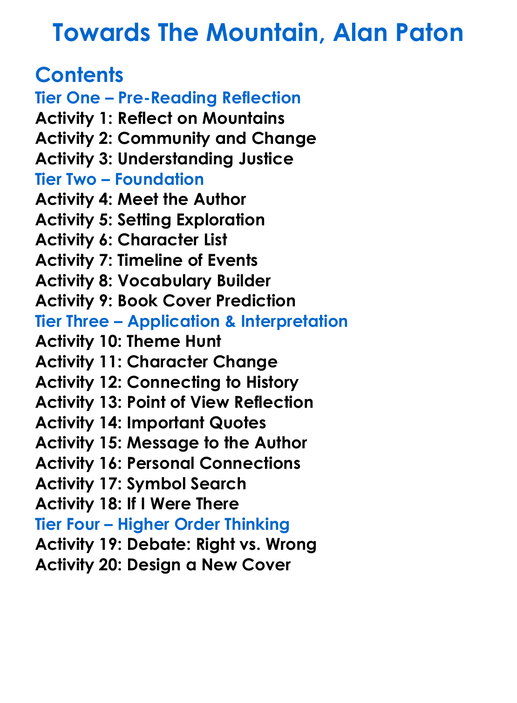 Towards The Mountain Alan Paton Worksheet Activity Booklet