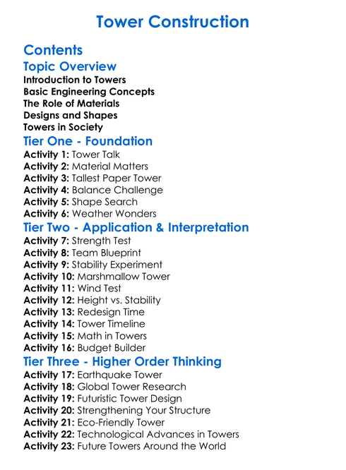 Tower Construction Worksheet Activity Booklet