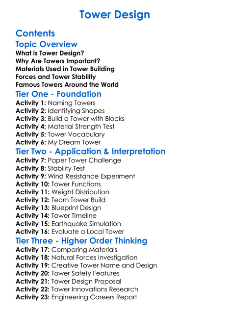 Tower Design Worksheet Activity Booklet